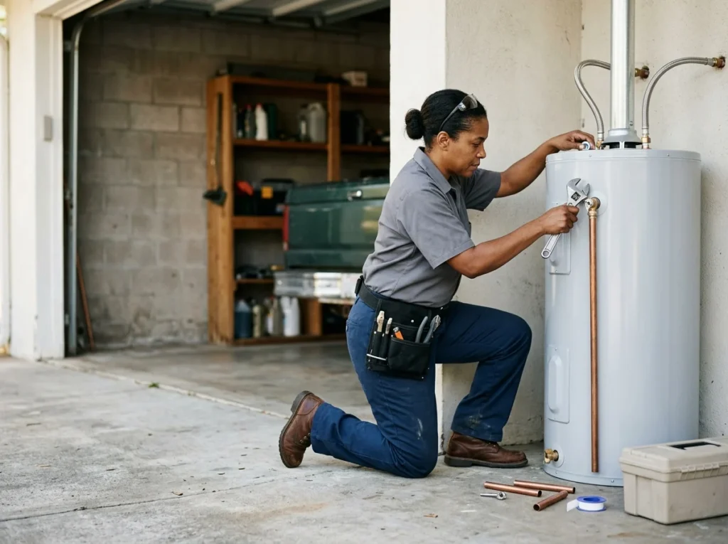 Flushing a water heater in a garage